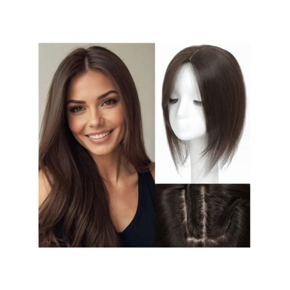 14in Human Hair Topper Dark Brown Biological Scalp Clip In Hairpiece 5.5x3.5